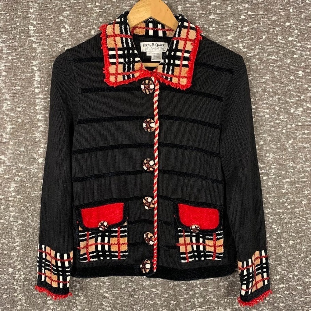 Vtg‎ Jack B Quick Novelty Knit Cardigan Sweater Small Plaid Fringed Tartan Red